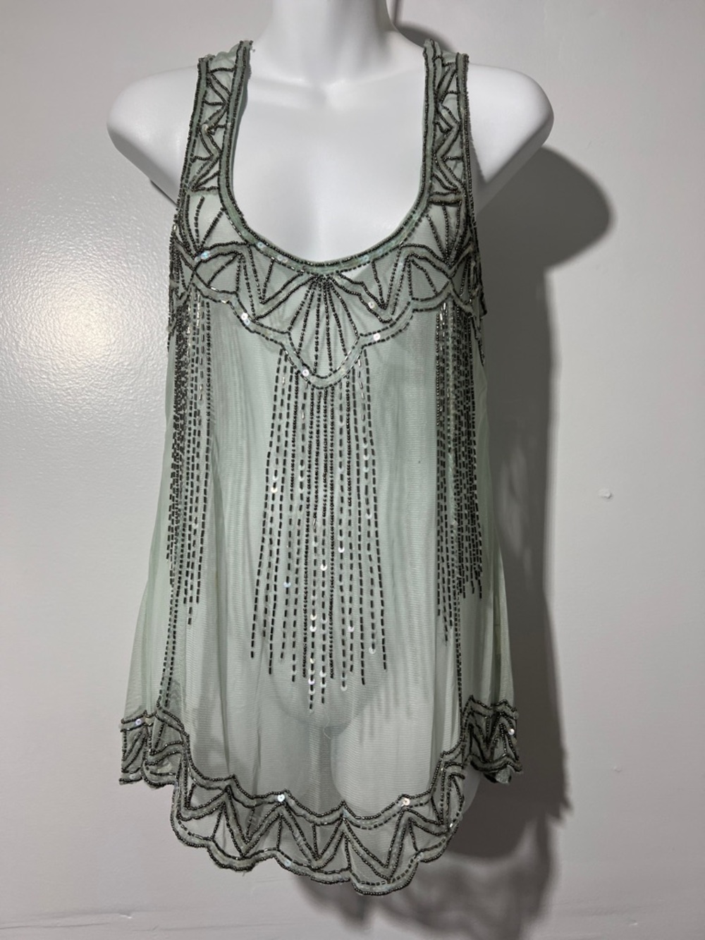 Roaring 20s Art Deco Beaded Mint Sheer Camisole